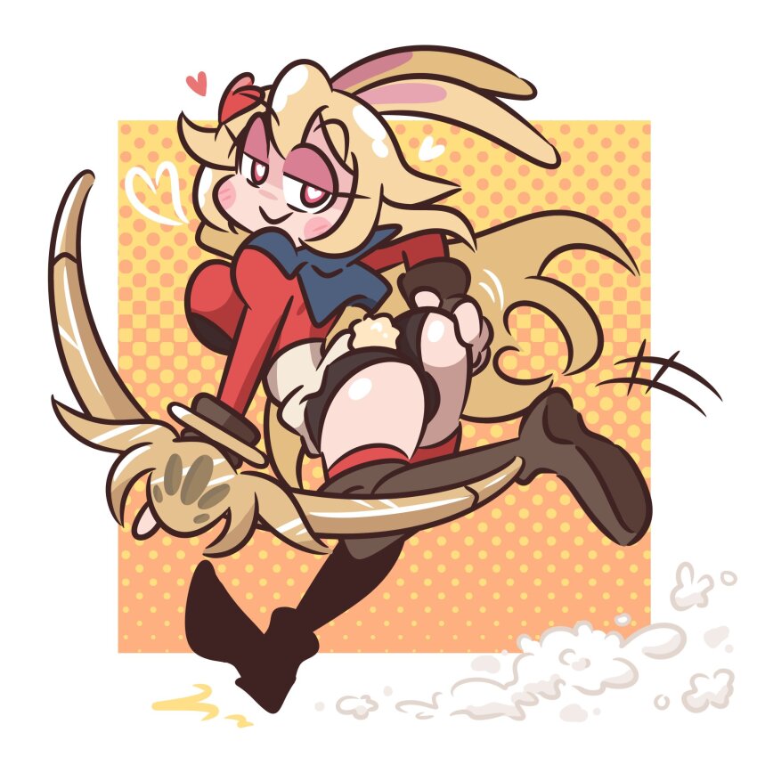 1girl, animal_ears, ass, ass_focus, black_shorts, blonde_hair, blush_stickers, boots
