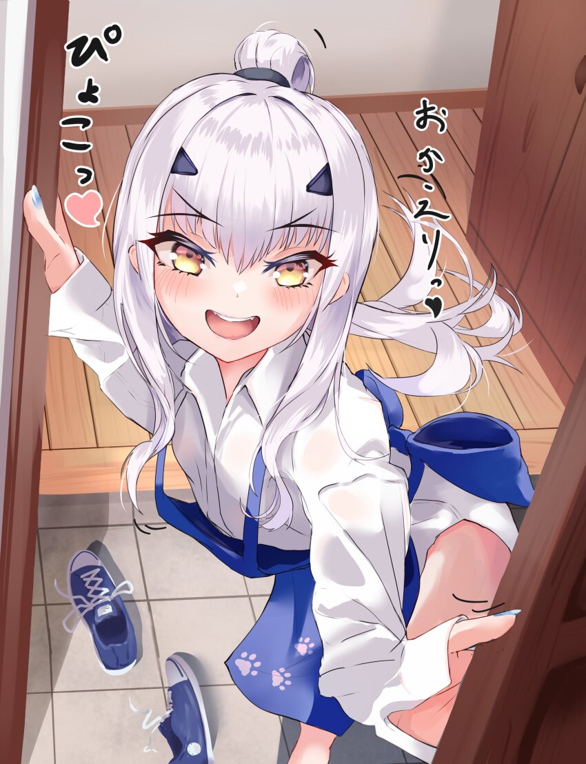 1girl, absurdres, apron, blue_apron, blue_nails, fate/grand_order, fate_(series), forked_eyebrows, heart, highres, long_hair, melusine_(fate), nail_polish, open_mouth, opening_door, paw_print, paw_print_pattern, ponytail, shoes, smile, solo, spoken_heart, teeth, tutuuraura88, upper_teeth_only, white_hair, wooden_floor, yellow_eyes