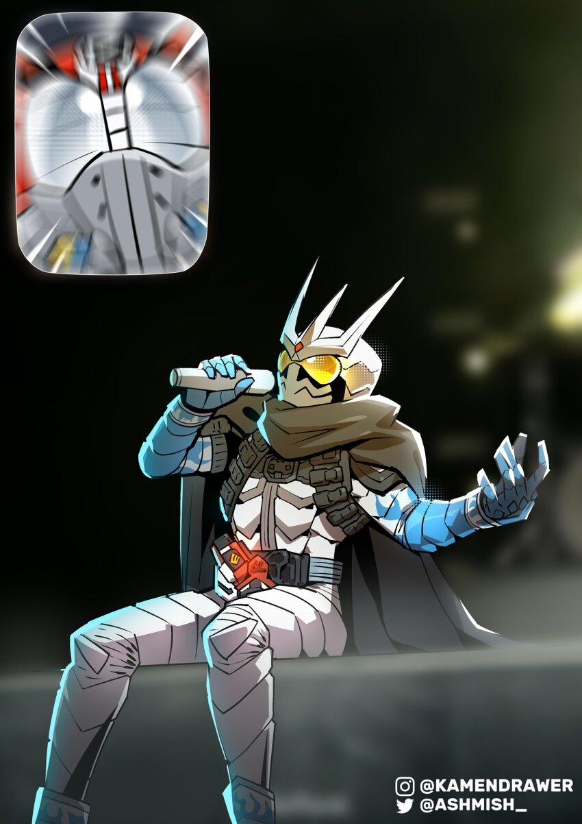 2boys, actor_connection, ashmish, black_cloak, cloak, fan_screaming_at_madison_beer_(meme), highres, holding, holding_microphone, instagram_username, kamen_rider, kamen_rider_drive, kamen_rider_drive_(series), kamen_rider_eternal, kamen_rider_w, lost_driver, male_focus, matsuoka_mitsuru_(actor), meme, microphone, motion_blur, multiple_boys, sitting, twitter_username