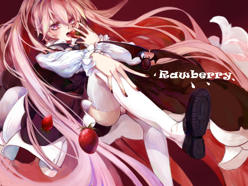 1girl, bat_(animal), black_dress, black_nails, black_shoes, character_name, crossed_legs, dress