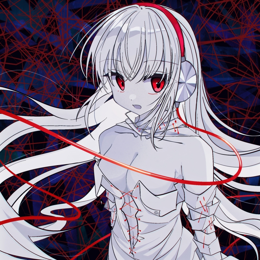 1girl, bandaged_arm, bandages, bare_shoulders, beishangdebiannaijuewangshiye, blood, blood_on_clothes, blue_background