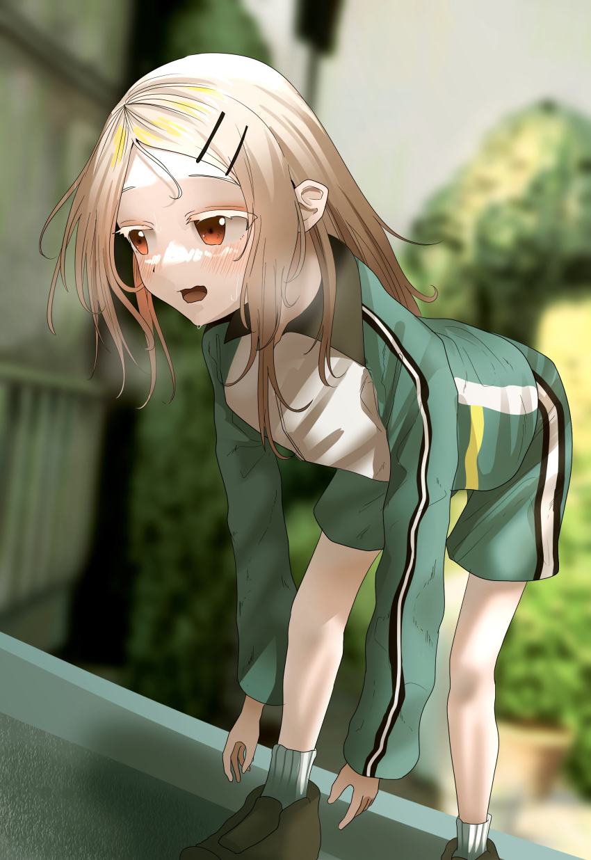 1girl, absurdres, bare_legs, blurry, blurry_background, blush, breath, brown_hair