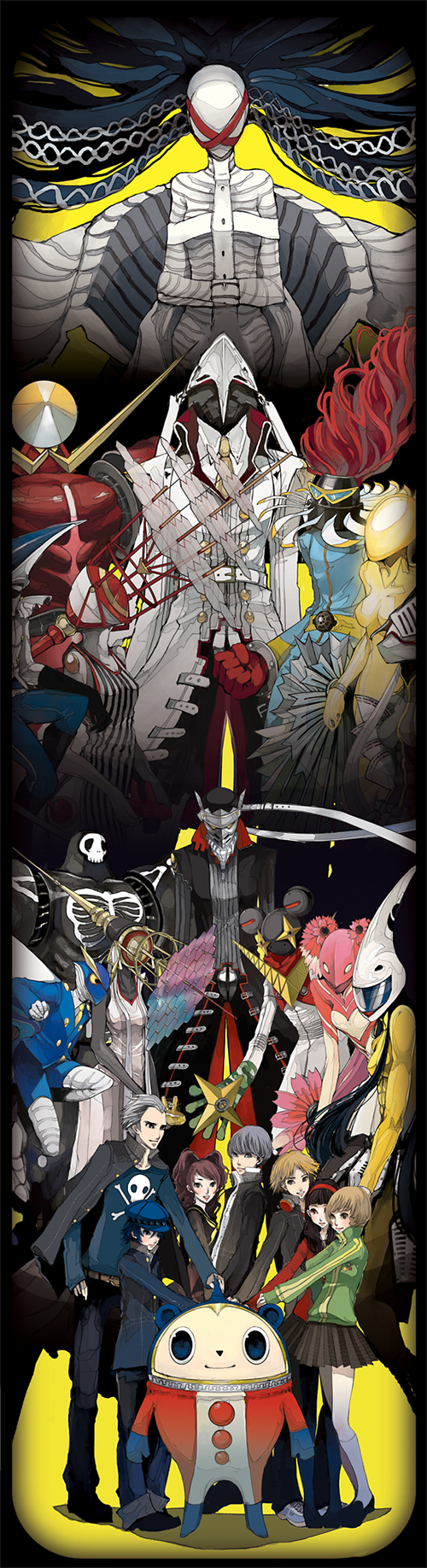 3boys, 4girls, amagi_yukiko, amaterasu_(persona), atlus, black_hair, blue_hair, brown_hair, grey_hair, hanamura_yousuke, hat, highres, himiko_(persona_4), isuzu_(uzushi), izanagi_(persona_4), izanagi_no_okami, izanami_(persona), jacket, jacket_on_shoulders, jiraiya_(persona_4), kanzeon_(persona_4), konohana_sakuya_(persona), kujikawa_rise, kuma_(persona_4), long_image, multiple_boys, multiple_girls, narukami_yu, newsboy_cap, persona, persona_4, rokuten_mao, satonaka_chie, school_uniform, shirogane_naoto, skirt, sukuna_hikona, susanoo_(persona), suzuka_gongen, take-mikazuchi, tall_image, tatsumi_kanji, tomoe_(persona_4), yamato_takeru_(persona)