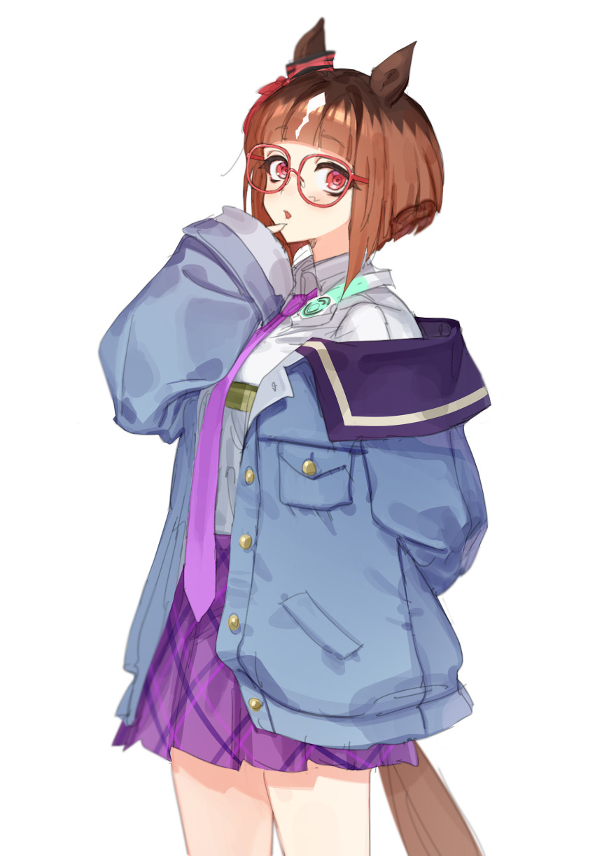 1girl, animal_ears, arm_behind_back, blue_jacket, breasts, brown_hair, collared_shirt, cowboy_shot