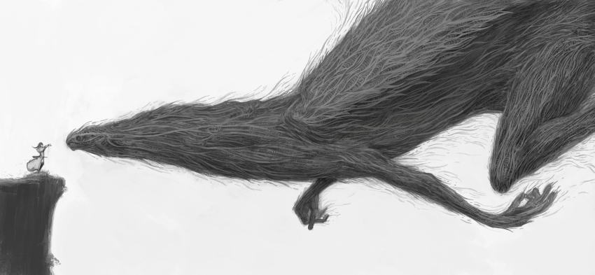 cliff, dragon, greyscale, highres, long_hair, monochrome, monster, naoki_(naoieo), original