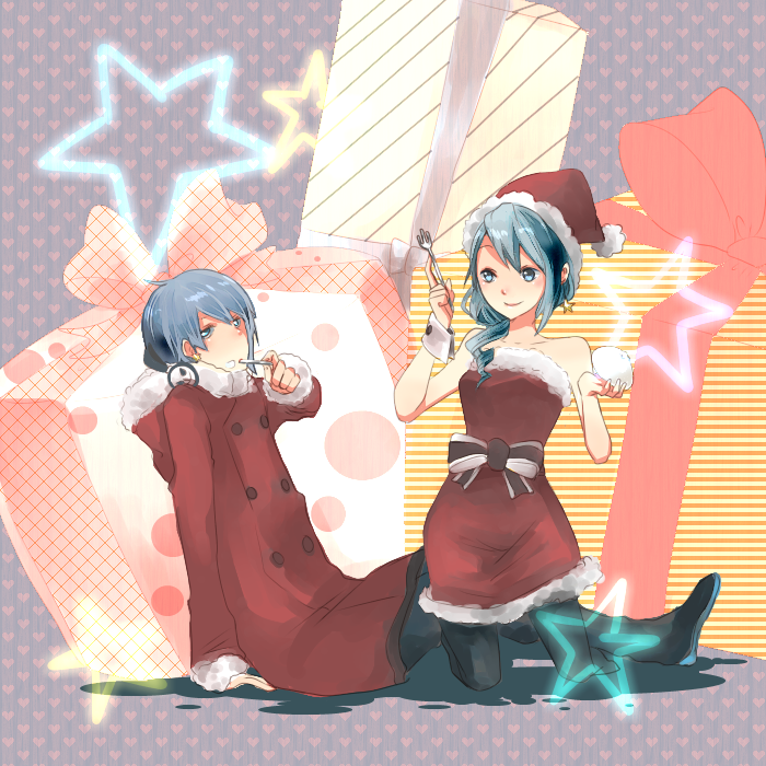 blue_eyes, blue_hair, coat, dress, earrings, food, fork, gift