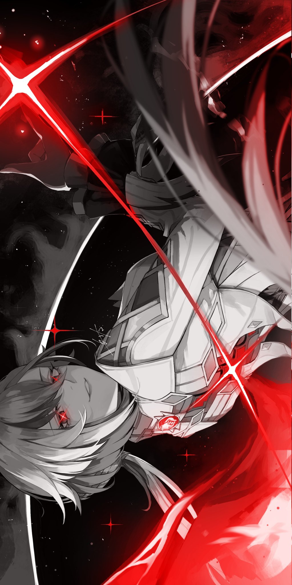 1girl, arlecchino_(genshin_impact), black_background, black_eyes, bright_pupils, coat, commentary_request, cross-shaped_pupils