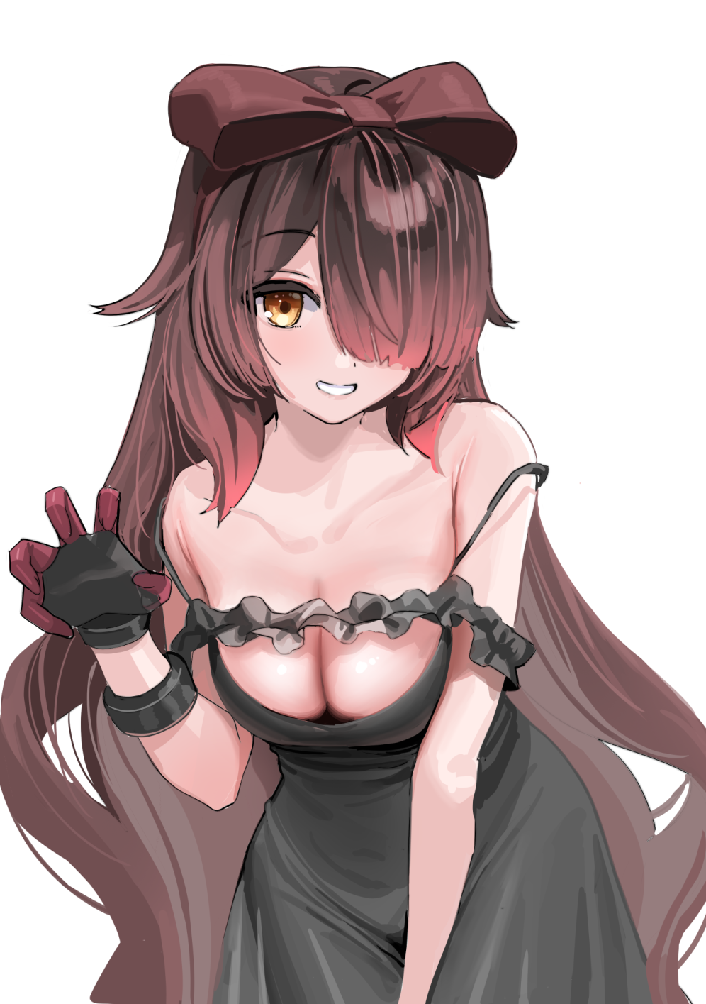 1girl, bare_shoulders, black_bow, black_dress, black_gloves, bow, bow_hairband, breasts