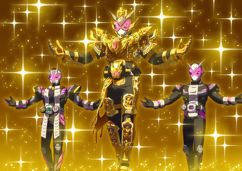 2018, 2019, 3boys, alternate_costume, apocalypse, arm_up, armor, asymmetrical_armor