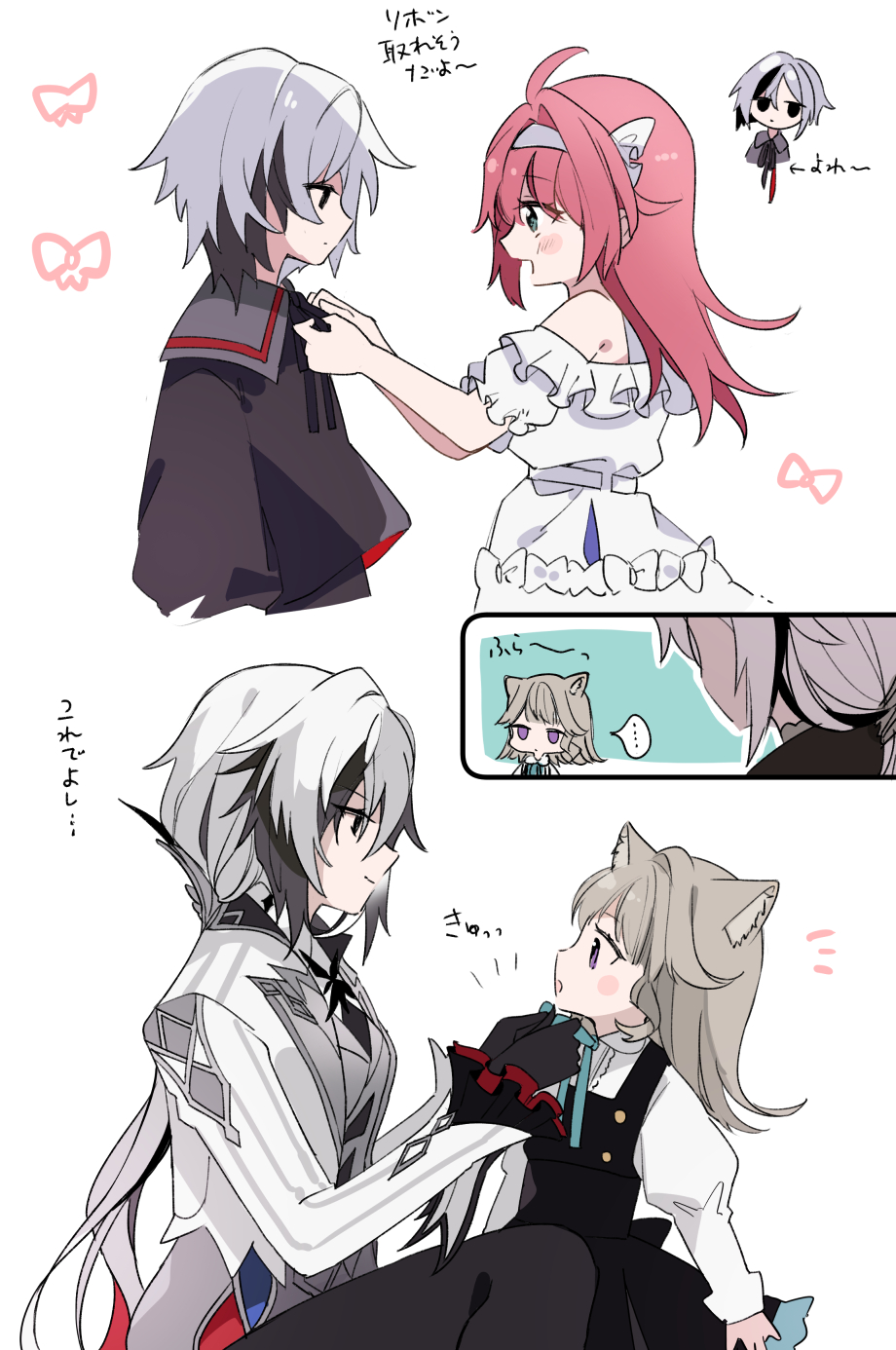 ..., 3girls, :o, aged_down, ahoge, arlecchino_(genshin_impact), bare_shoulders, black_dress