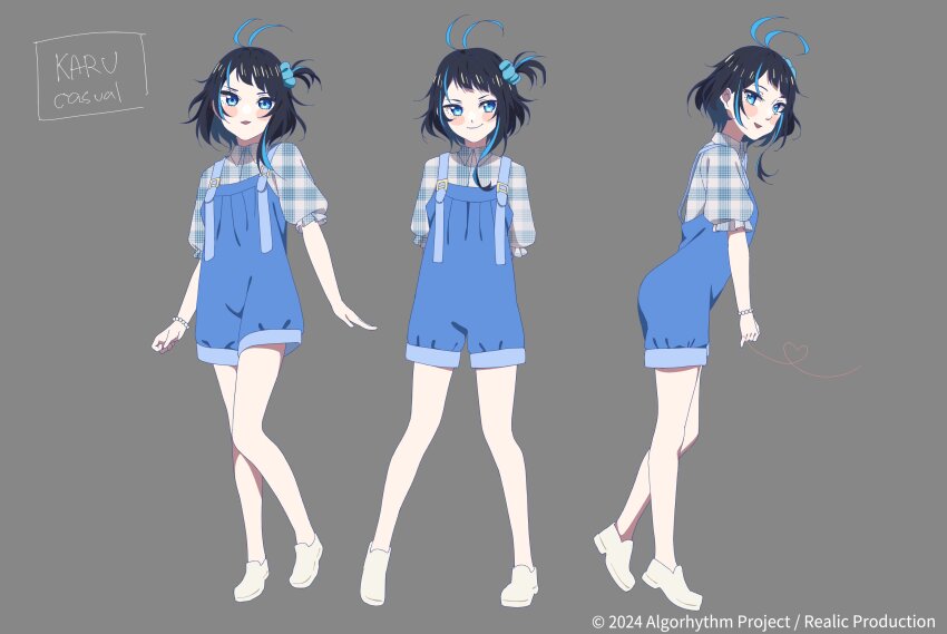 1girl, algorhythm_project, bare_legs, black_hair, blue_eyes, blue_hair, blue_overalls, blush, closed_mouth, grey_background, hair_between_eyes, hair_ornament, highres, karu_(algorhythm_project), medium_hair, multicolored_hair, open_mouth, overalls, sh3rrytheartist, shoes, smile, virtual_youtuber, white_footwear