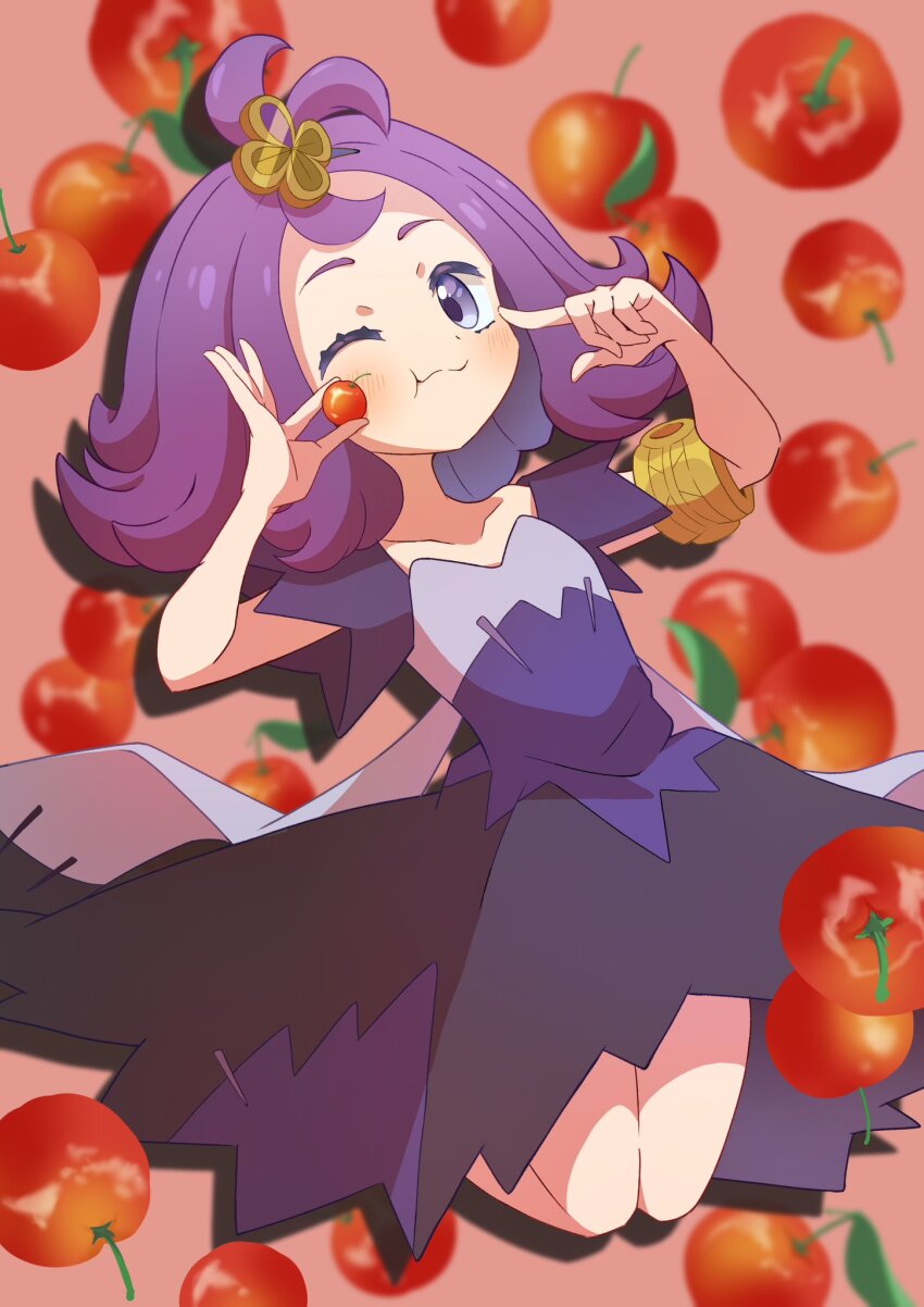 1girl, acerola_(pokemon), apple, armlet, dress, eating, flipped_hair, food