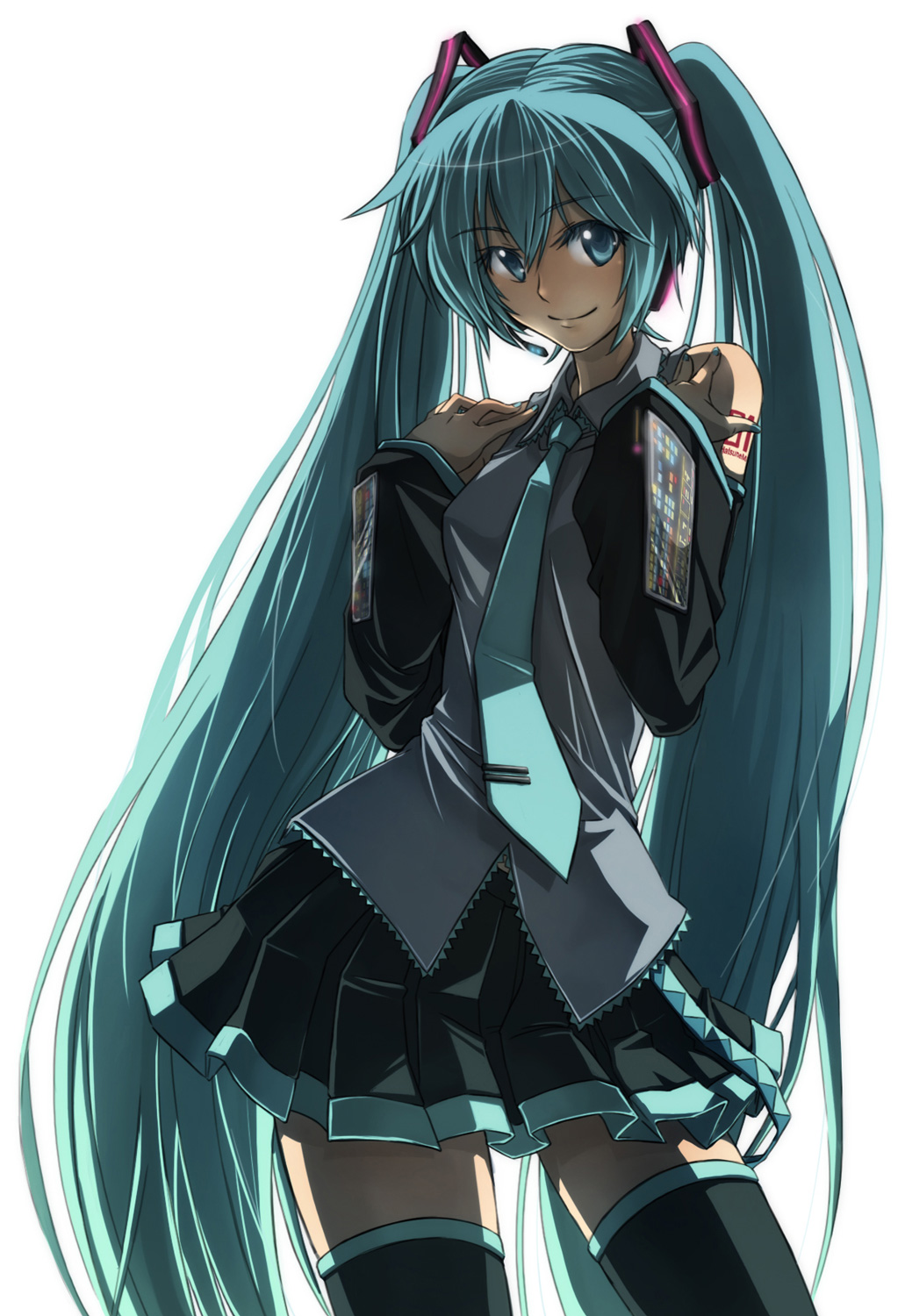 1girl, aqua_eyes, aqua_hair, detached_sleeves, female_focus, hatsune_miku, headset, highres