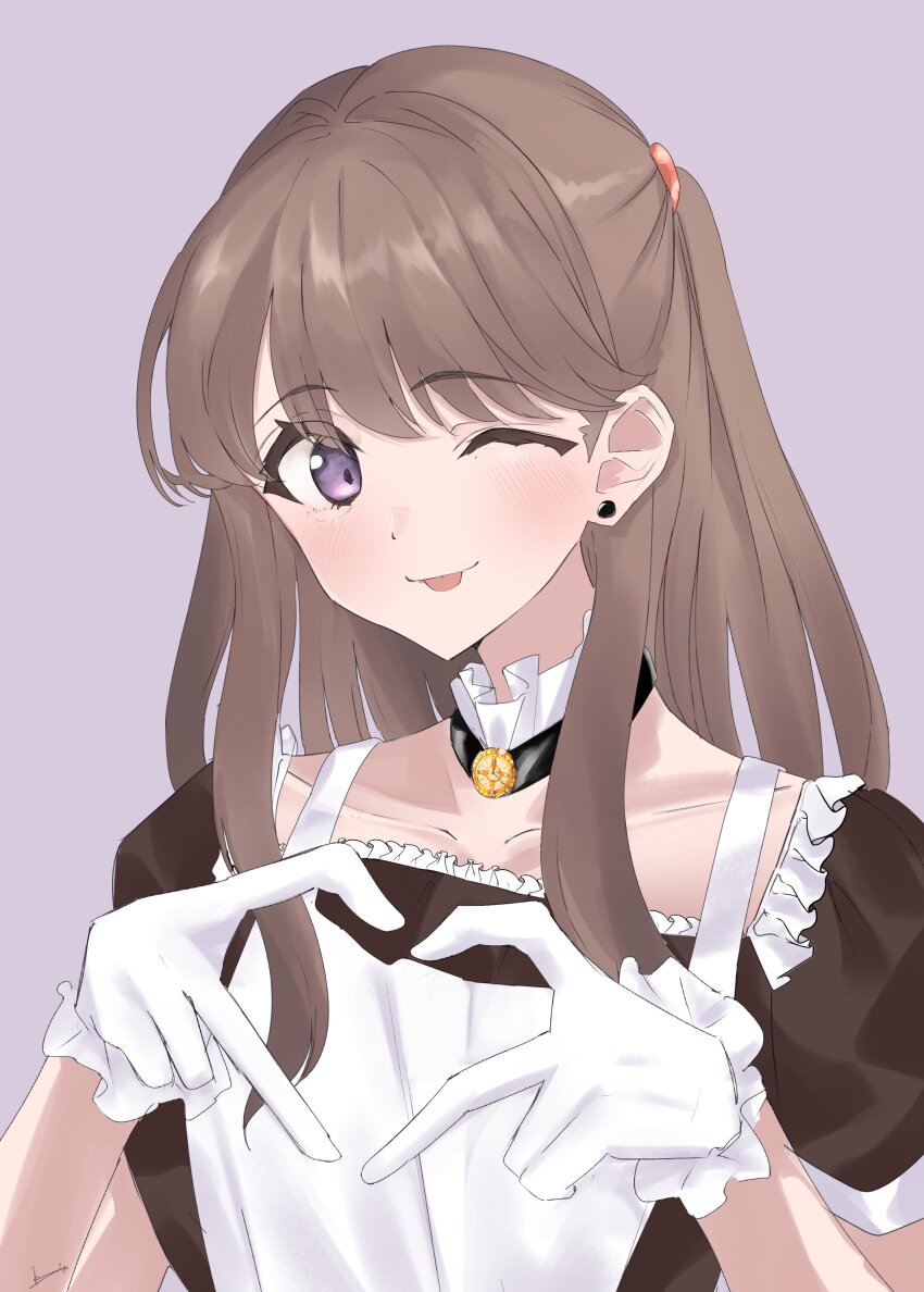 1girl, ;p, absurdres, alternate_costume, apron, black_dress, blush, brown_hair