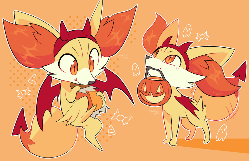 animal_ear_fluff, candy, chocolate, chocolate_bar, clothed_pokemon, demon_horns, demon_tail, demon_wings