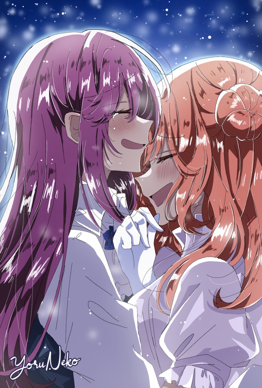 2girls, amasawa_hajime, artist_name, blush, closed_eyes, commentary, crying, gloves