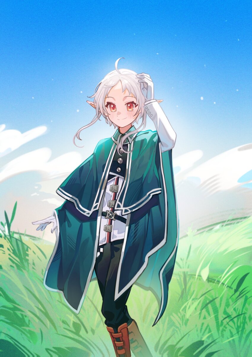 1girl, ahoge, black_pants, bloom, blush, brown_footwear, cloak, closed_mouth