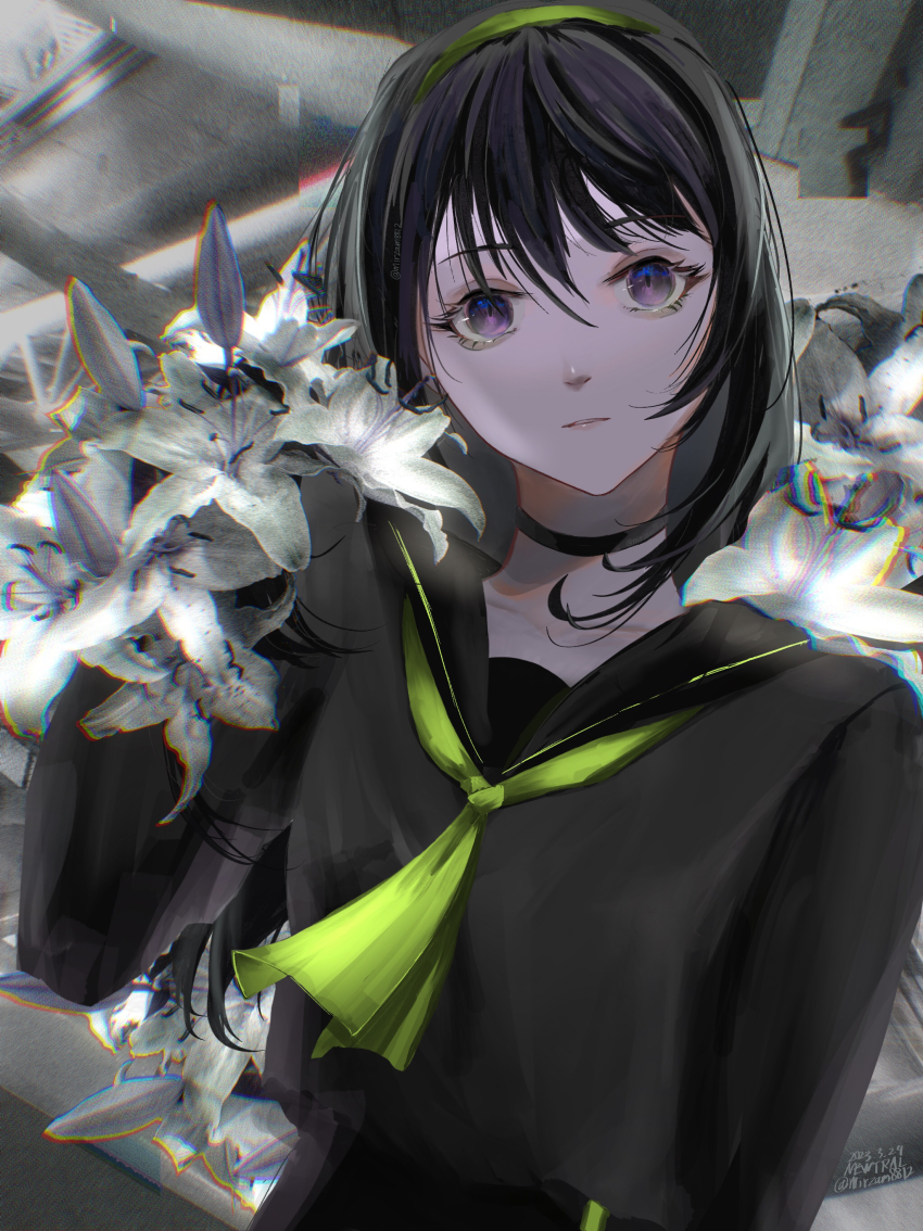 15_shoujo, 1girl, absurdres, black_choker, black_hair, black_serafuku, choker, commentary