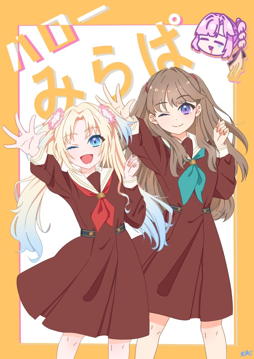 3girls, ;), ;d, anyoji_hime, arm_up, black_ribbon, blonde_hair, blood