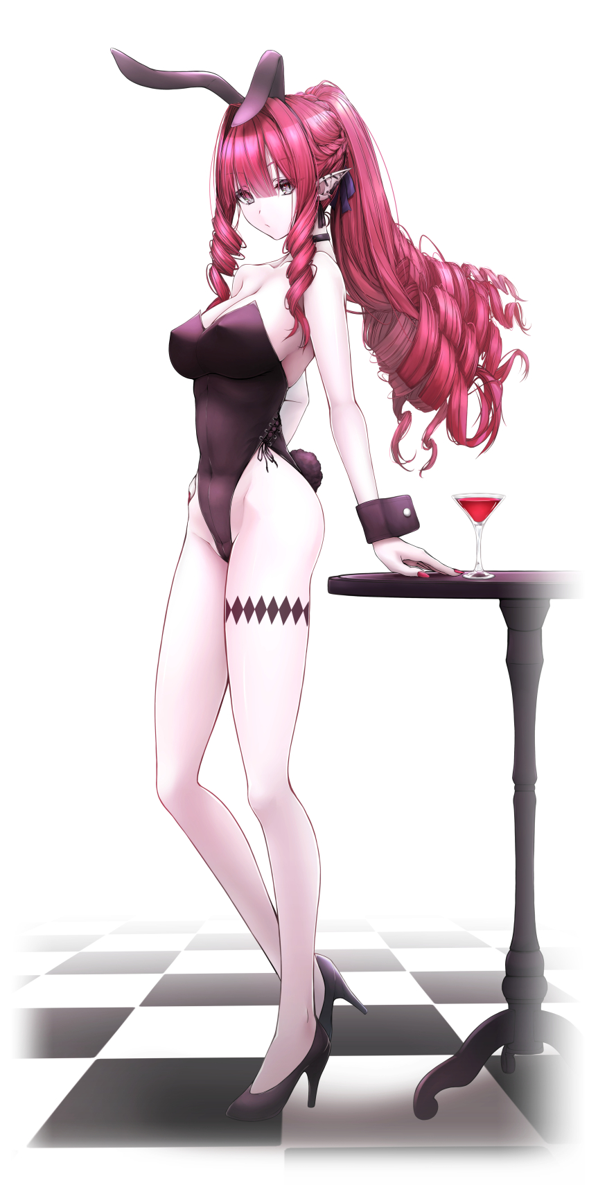 1girl, absurdres, animal_ears, baobhan_sith_(fate), bare_shoulders, black_choker, black_leotard, breasts