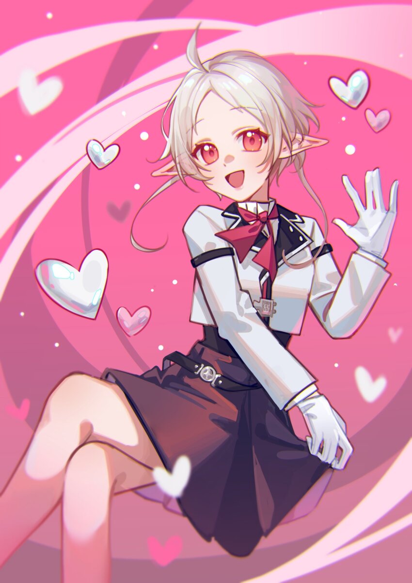 1girl, ahoge, black_skirt, breasts, cropped_jacket, crossed_legs, elf, feet_out_of_frame, gloves, heart, highres, jacket, lips, mel_mei, mushoku_tensei, neck_ribbon, pink_background, pointy_ears, ranoa_magic_academy_school_uniform, red_eyes, red_ribbon, ribbon, school_uniform, short_hair, sitting, skirt, small_breasts, smile, solo, sylphiette_(mushoku_tensei), waving, white_gloves, white_jacket