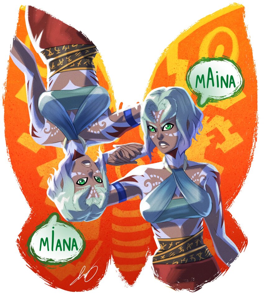 2girls, absurdres, blue_eyes, blue_hair, bug, butterfly, character_name, english_text