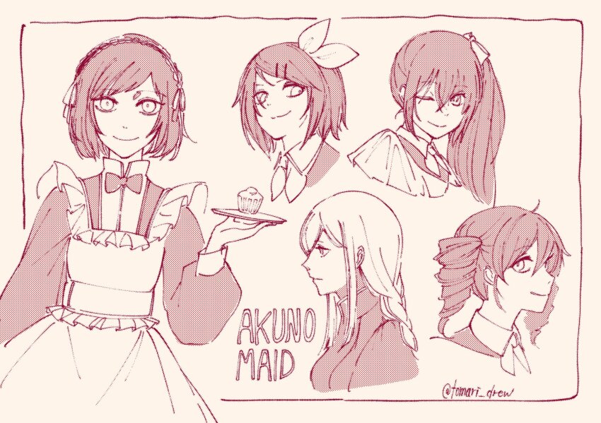 1boy, 4girls, :3, akita_neru, akujiki_musume_conchita_(vocaloid), apron, arte_(evillious_nendaiki), ascot, behemo_barisol, bow, bowtie, braid, brioche, chartette_langley, crossdressing, drill_hair, evil_smile, evillious_nendaiki, frilled_apron, frills, from_side, hair_bow, hair_ribbon, highres, holding, holding_plate, kagamine_rin, kasane_teto, long_hair, looking_at_viewer, maid_apron, maid_day, maid_headdress, mariam_phutapie, medium_hair, miriam_(vocaloid), monochrome, mother_and_child, mother_and_daughter, multiple_girls, ney_phutapie, one_eye_closed, parent_and_child, plate, profile, ribbon, short_hair, side_ponytail, sidelocks, sketch, smile, smirk, tomari_drew, trap, twin_drills, twitter_username, very_long_hair, vocaloid