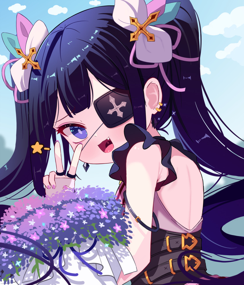 1girl, armlet, armpit_crease, armpits, black_corset, bouquet, brown_dust_(series), brown_dust_2, corset, cross, cross_hair_ornament, cross_print, dress, ear_piercing, eyepatch, fang, flower, hair_ornament, highres, holding, holding_bouquet, jewelry, layla_(brown_dust), long_hair, nail_polish, open_mouth, piercing, purple_dress, purple_eyes, purple_flower, purple_hair, ring, solo, sseopik, star_(symbol), twintails, upper_body, v, very_long_hair