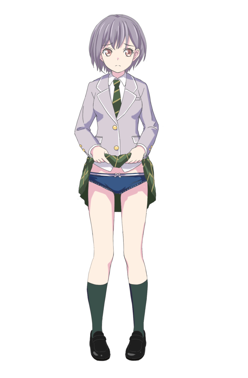 1girl, artist_request, bang_dream!, bang_dream!_it's_mygo!!!!!, blue_panties, bronze_eyes, clothes_lift, highres, panties, purple_hair, sad, school_uniform, shoes, short_hair, simple_background, skirt, skirt_lift, solo, tagme, takamatsu_tomori, underwear