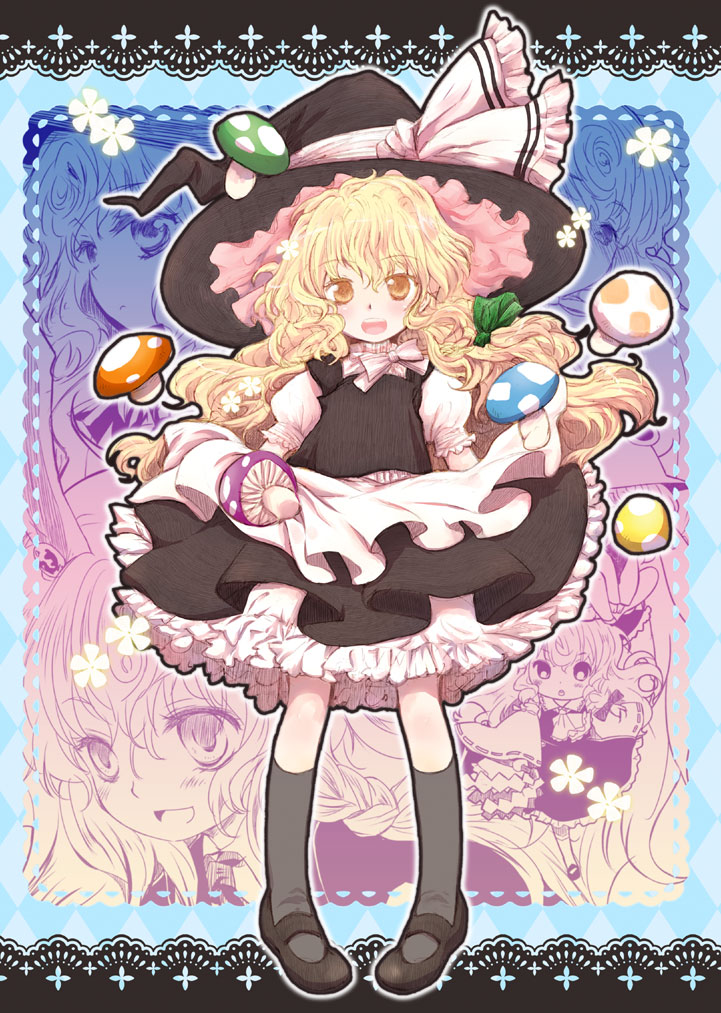 1girl, bad_id, bad_pixiv_id, blonde_hair, female_focus, hat, hatomugi_munmun, kirisame_marisa, long_hair, mary_janes, mushroom, new_super_marisa_land, shoes, solo, touhou, witch, witch_hat, yellow_eyes