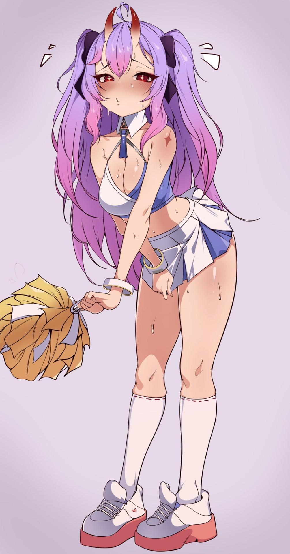 1girl, 2024, blush, breasts, cheerleader, highres, horns, kamihoshi_project, kkrazyyyy1, large_breasts, monster_club_vt, oni, pink_hair, purple_hair, solo, sweat, syd_karasukami, twintails, virtual_youtuber