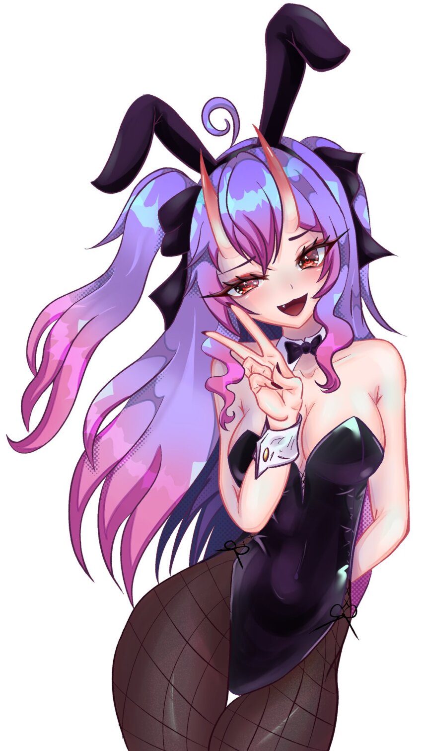 1girl, 2023, ahoge, animal_ears, breasts, cleavage, fake_animal_ears, fake_rabbit_ears, female_focus, highres, horns, indie_virtual_youtuber, kamihoshi_project, looking_at_viewer, oni, oni_female, open_mouth, playboy_bunny, purple_hair, red_eyes, simple_background, solo, syd_karasukami, trad_syd, twintails, v, virtual_youtuber, white_background