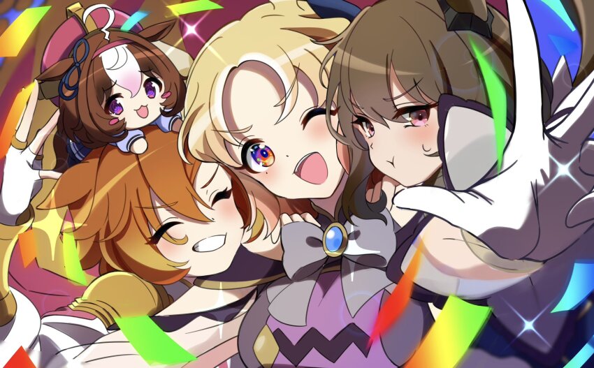 4girls, :3, ;d, @_@, ^_^, admire_vega_(umamusume), ahoge, animal_ears