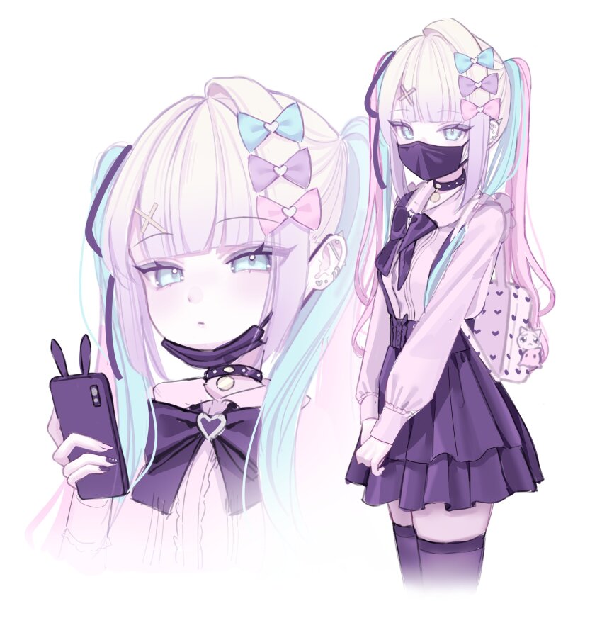 1girl, absurdres, backpack, bag, black_bow, black_bowtie, black_choker, black_ribbon, black_skirt, black_thighhighs, blonde_hair, blue_bow, blue_eyes, blue_hair, bow, bowtie, cellphone, choker, chouzetsusaikawa_tenshi-chan, chouzetsusaikawa_tenshi-chan_(jirai_kei), frilled_shirt, frills, hair_bow, hair_ornament, hair_ribbon, highres, holding, holding_phone, jirai_kei, long_hair, long_sleeves, mashimyu, mask_pull, multicolored_hair, multiple_hair_bows, multiple_views, needy_girl_overdose, phone, pink_bow, pink_hair, pink_shirt, purple_bow, ribbon, shirt, simple_background, skirt, suspender_skirt, suspenders, thighhighs, white_background, white_bag, x_hair_ornament