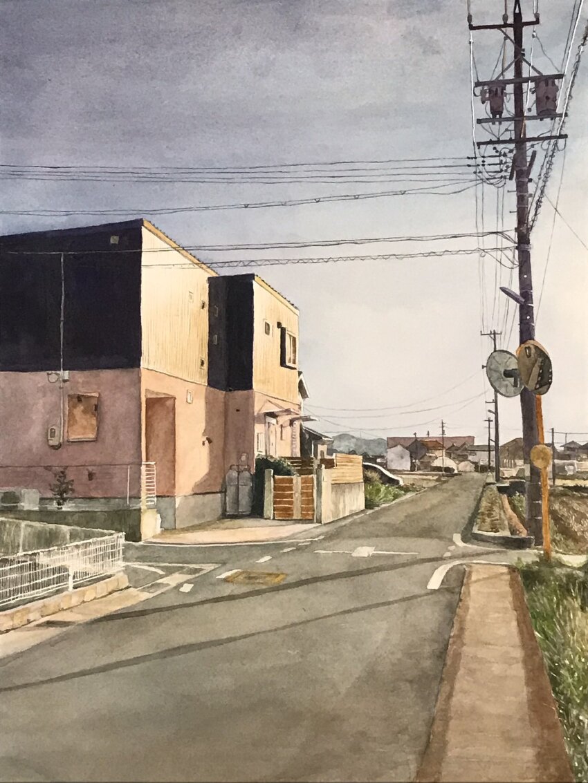 building, day, eyvzi172xqdkvs7, grass, highres, house, no_humans, original, painting_(medium), power_lines, road, scenery, shadow, street, sunlight, town, traditional_media, traffic_mirror, utility_pole, watercolor_(medium)