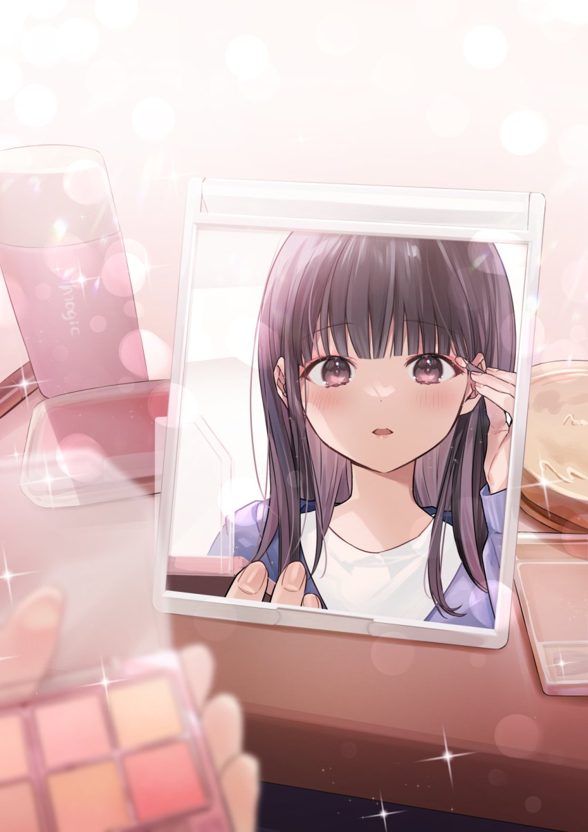 1girl, applying_makeup, applying_own_makeup, blue_jacket, blunt_bangs, blurry, blush, bokeh