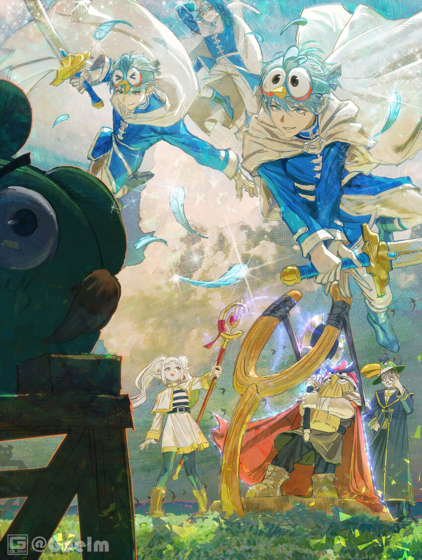 1girl, 3boys, absurdres, angry_birds, axe, bad_piggies_(angry_birds), battle_axe, beard