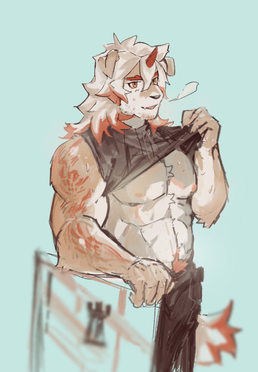 1boy, abs, arknights, bara, beard_stubble, black_pants, black_shirt, blue_background, clothes_lift, colored_tips, commentary, english_commentary, facial_hair, furry, furry_male, highres, holding, holding_shield, horns, hung_(arknights), komainu_boy, komainu_ears, komainu_tail, lodgebert, male_focus, multicolored_hair, muscular, muscular_male, nipples, open_mouth, orange_eyes, pants, pectorals, shield, shirt, shirt_lift, single_horn, sleeveless, sleeveless_shirt, smile, stubble, sweat, very_sweaty