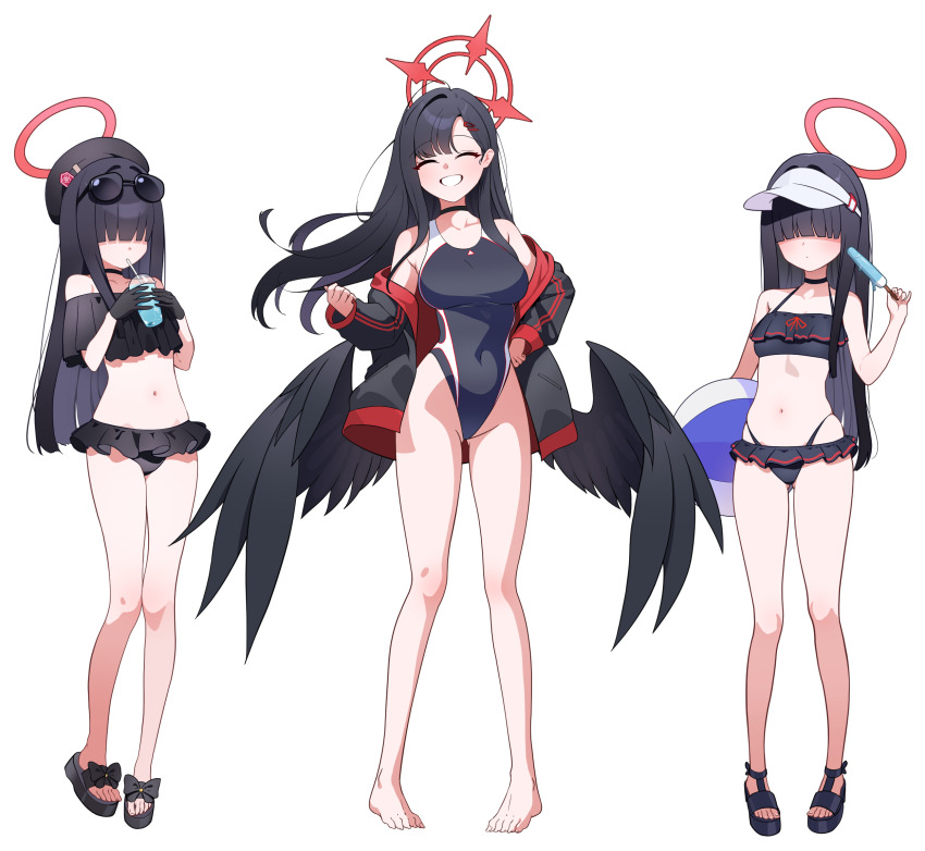 3girls, ball, bare_arms, bare_legs, bare_shoulders, barefoot, beachball, beret