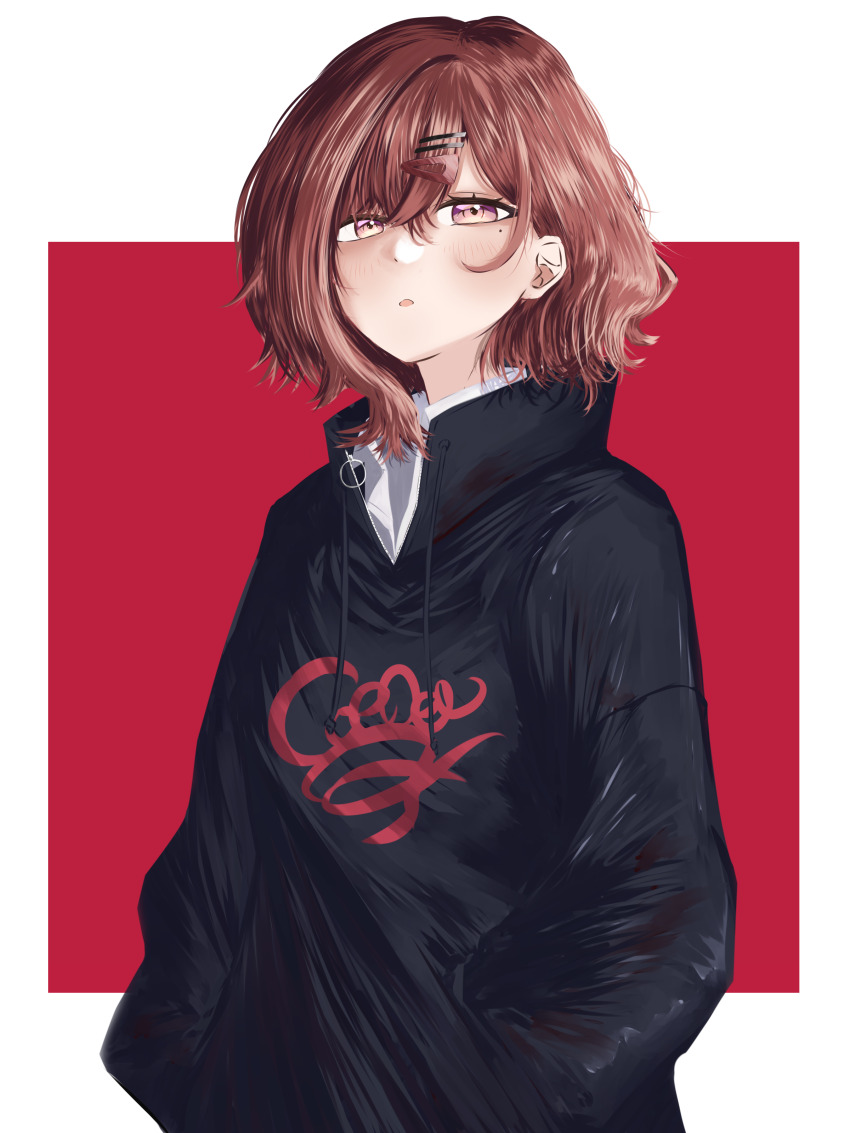 1girl, :o, absurdres, black_shirt, blush, brown_hair, hands_in_pockets, highres