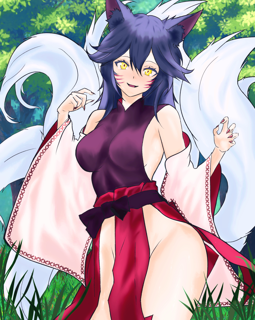 1girl, absurdres, ahri_(league_of_legends), animal_ears, black_hair, breasts, drintrava, fox_ears