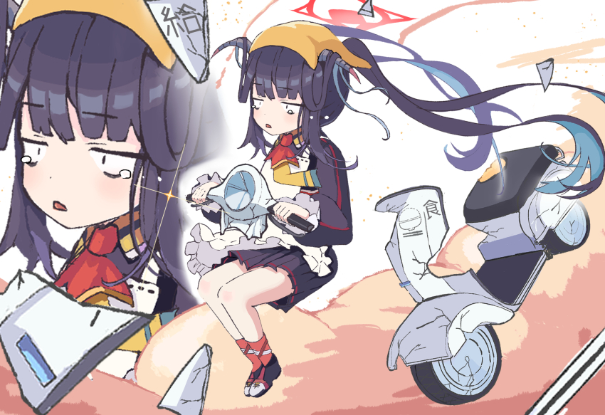 1girl, apron, black_dress, black_hair, black_horns, blue_archive, demon_horns, dress