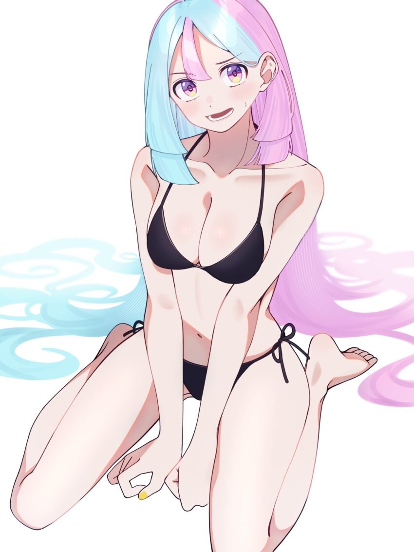 1girl, bikini, black_bikini, blue_hair, blush, breasts, cleavage, hair_down