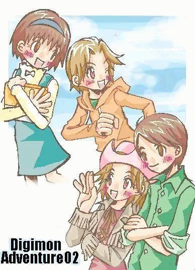 blush, digimon, digimon_adventure_02, family, hat, izumi_koshiro, izumi_koshiro's_daughter, looking_at_another, smile, tachikawa_mimi, tachikawa_mimi's_son