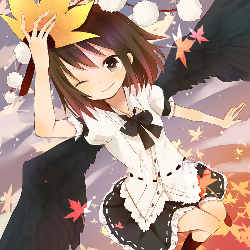 1girl, black_eyes, black_hair, black_socks, black_wings, female_focus, flying, kneehighs