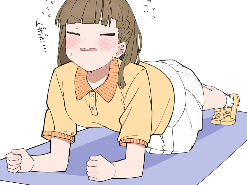 1girl, =_=, blunt_bangs, blush, braid, brown_hair, center-flap_bangs, clenched_hands