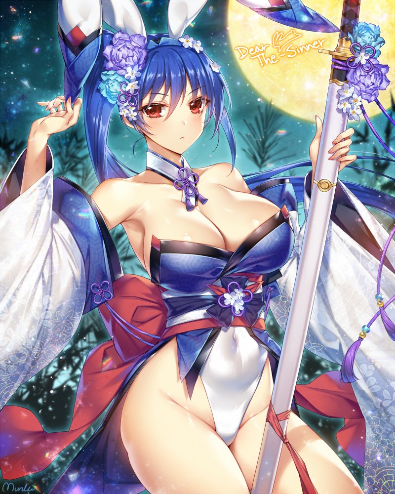 1girl, animal_ears, back_bow, bare_shoulders, blue_hair, blush, bow, breasts