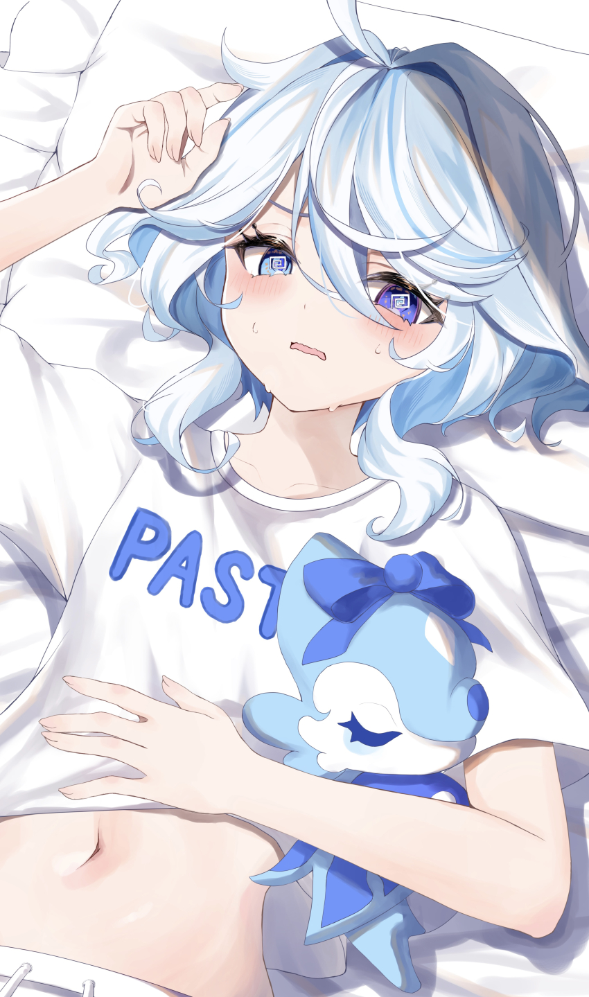 1girl, @_@, absurdres, alternate_costume, bed_sheet, blue_eyes, blue_hair, blush