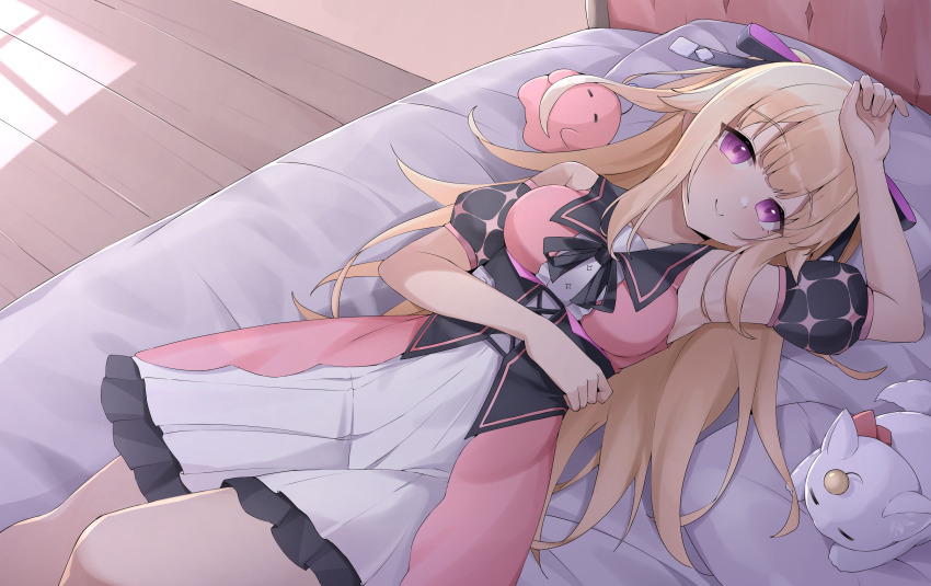 1girl, absurdres, bed, bed_sheet, blonde_hair, bow, breasts, commission, dress, highres, hoshifuri_iku, ikumin_(hoshifuri_iku), indie_virtual_youtuber, knee_up, knees_up, long_hair, looking_at_viewer, medium_breasts, on_bed, pillow, prism_project, purple_eyes, ribbon, shadow, skirt, smile, solo, virtual_youtuber, wooden_floor