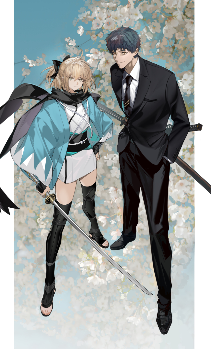 1boy, 1girl, absurdres, ahoge, arlizi, arm_guards, black_bow, black_scarf